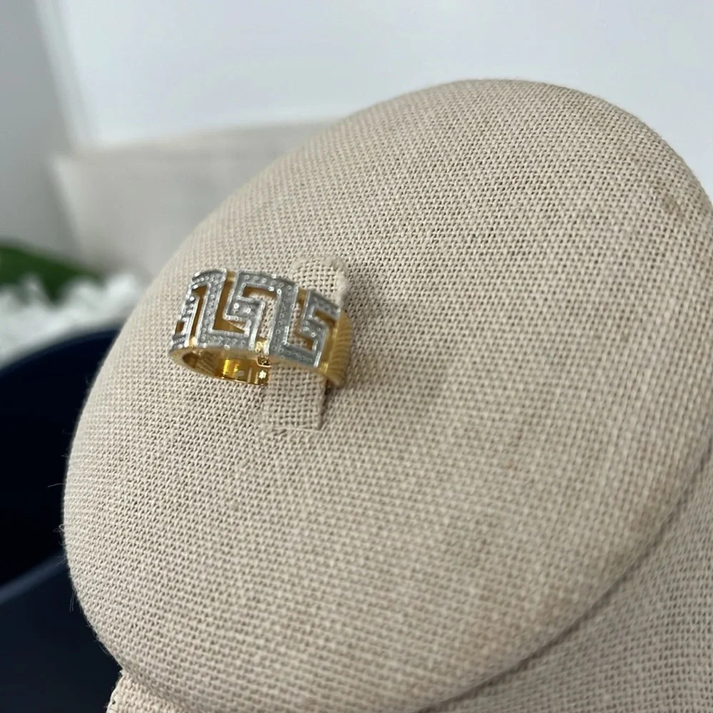 Signed SETA Vintage Greek Key Two-Tone Gold Silver CZ Band Ring Size 5 - Picture 7 of 16